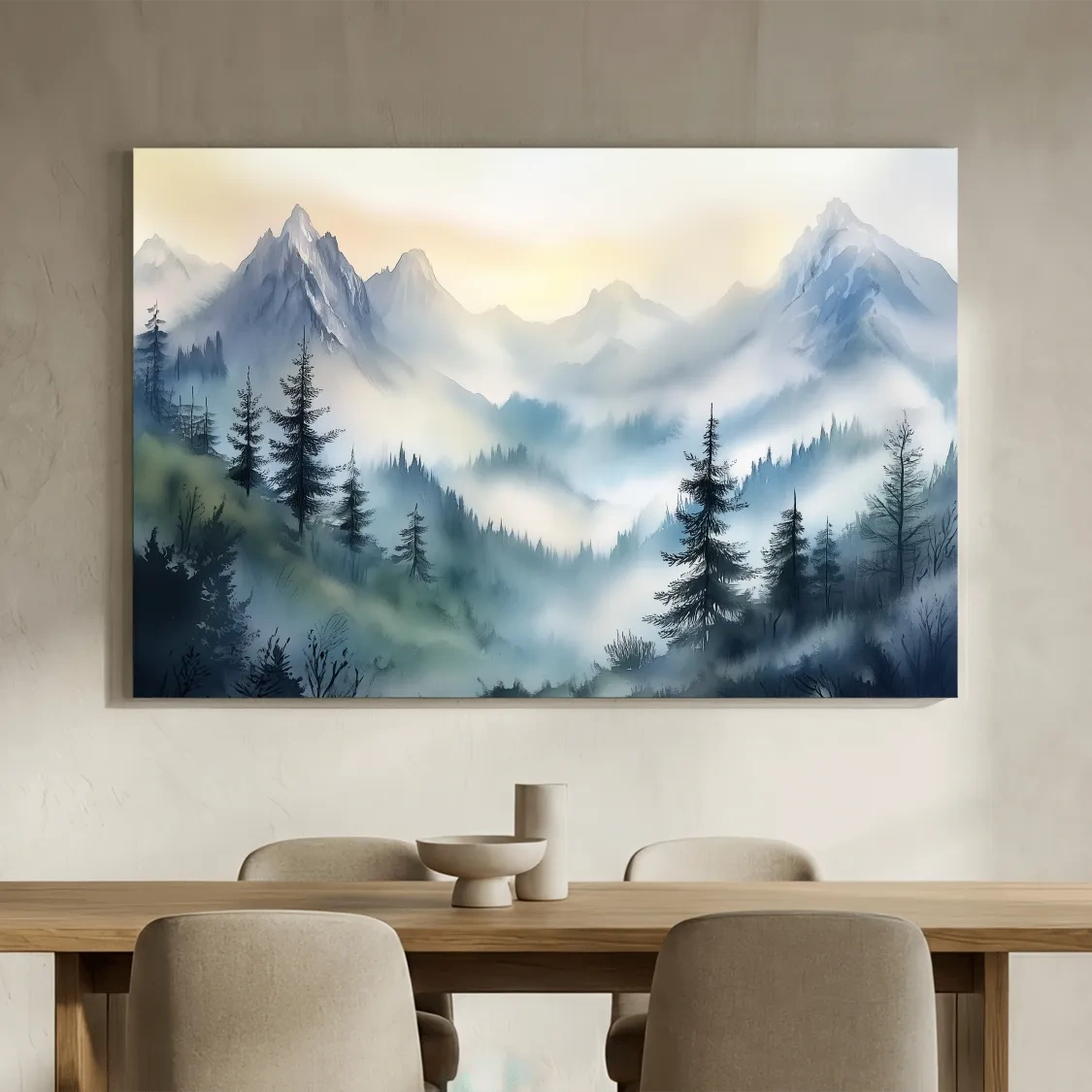 Chinese Ink Wash Watercolor Mountain Peaks - Foggy Alpine Wall Art
