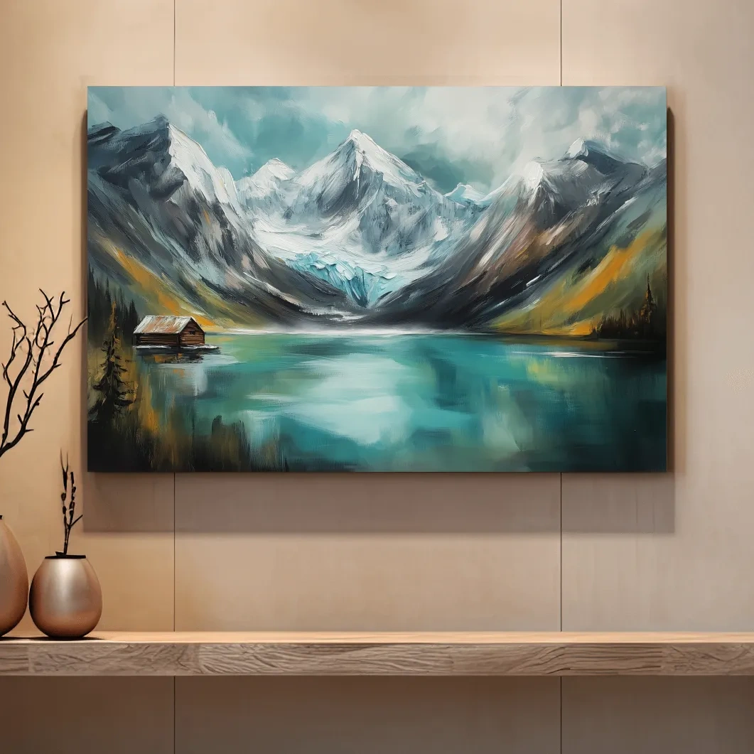Turquoise Alpine Lake Cabin Painting - Snowy Mountain Landscape Wall Art