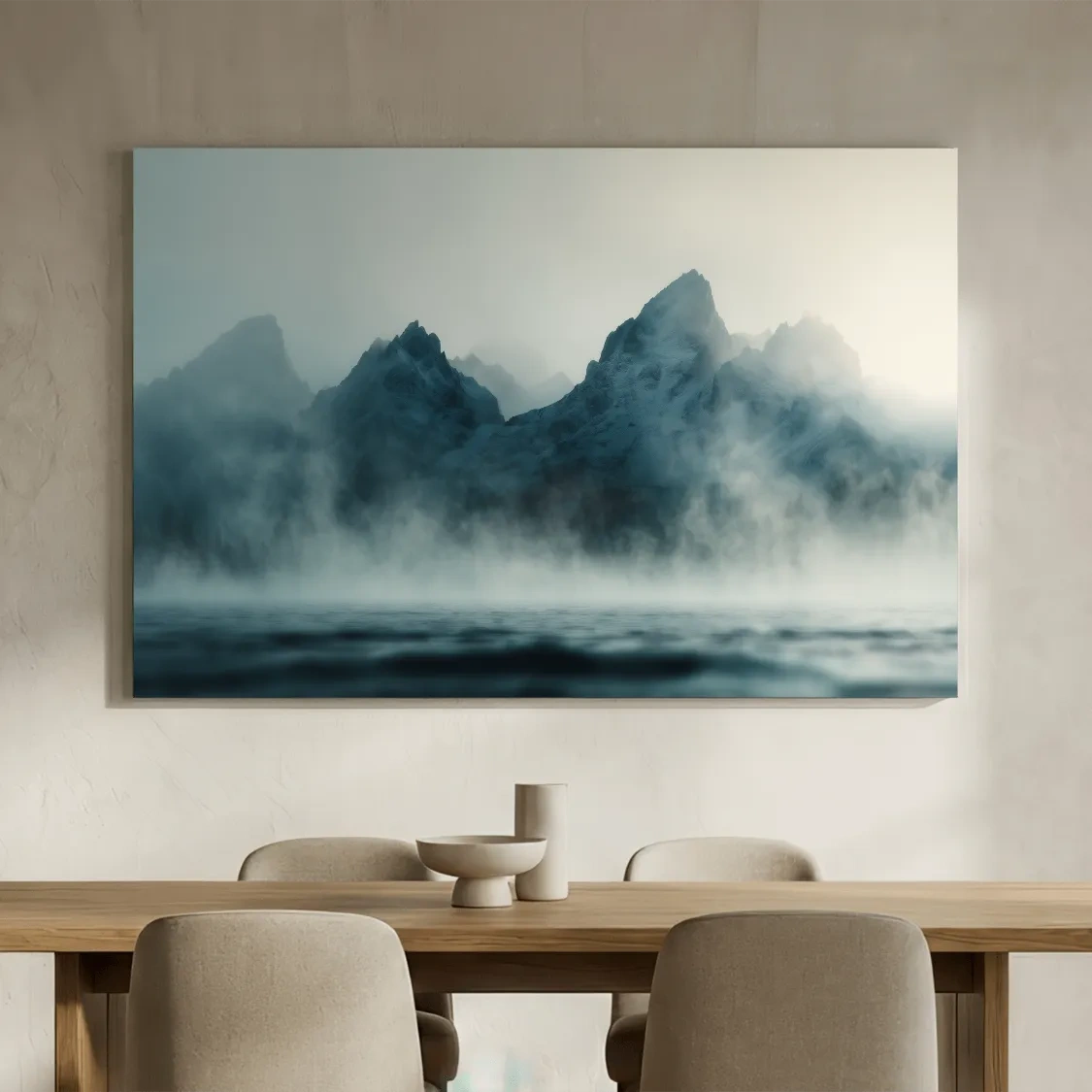 Moody Misty Mountain Peaks Over Water - Atmospheric Monochrome Landscape Wall Art