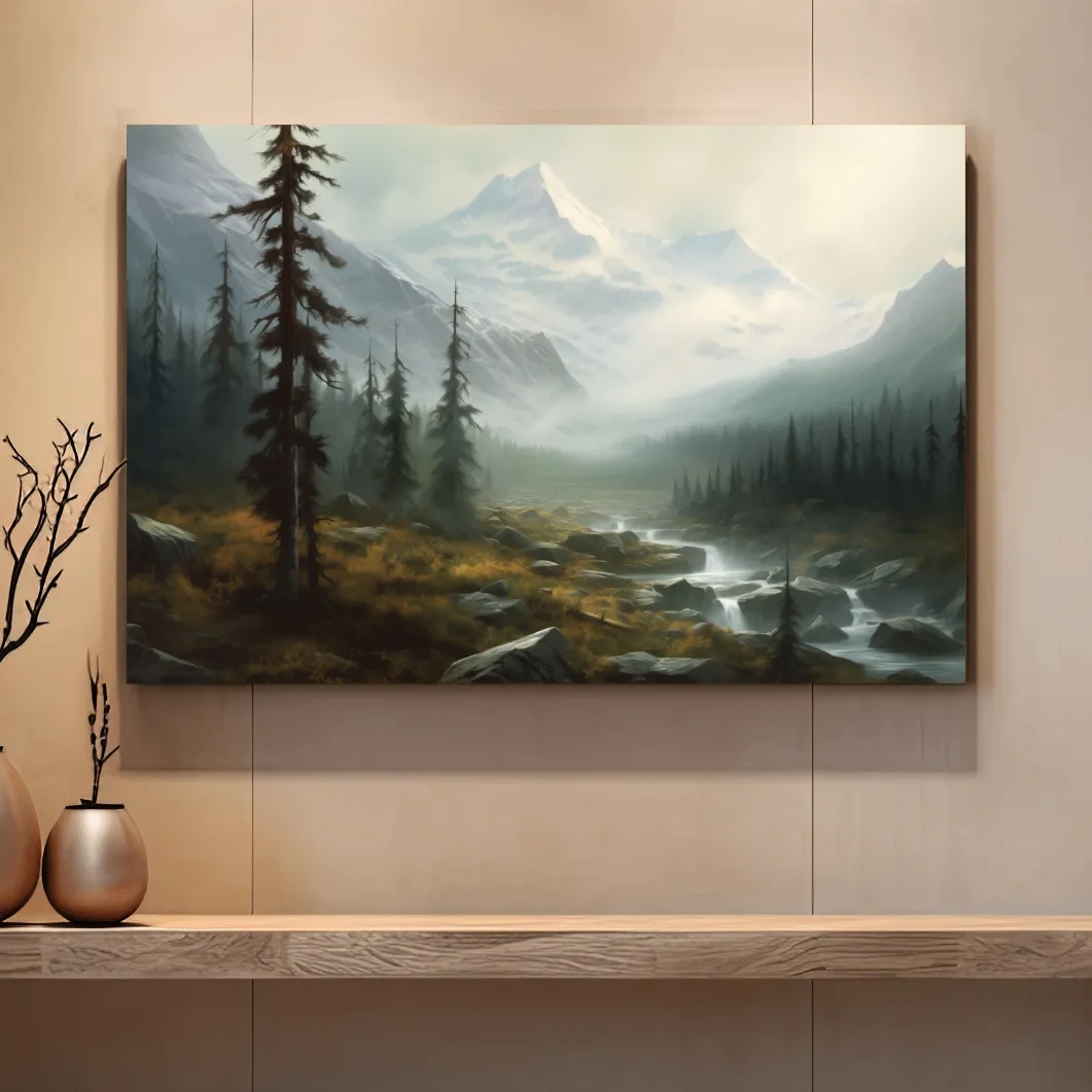 Misty Alpine Mountain Valley Painting - Foggy Evergreen Forest Wall Art