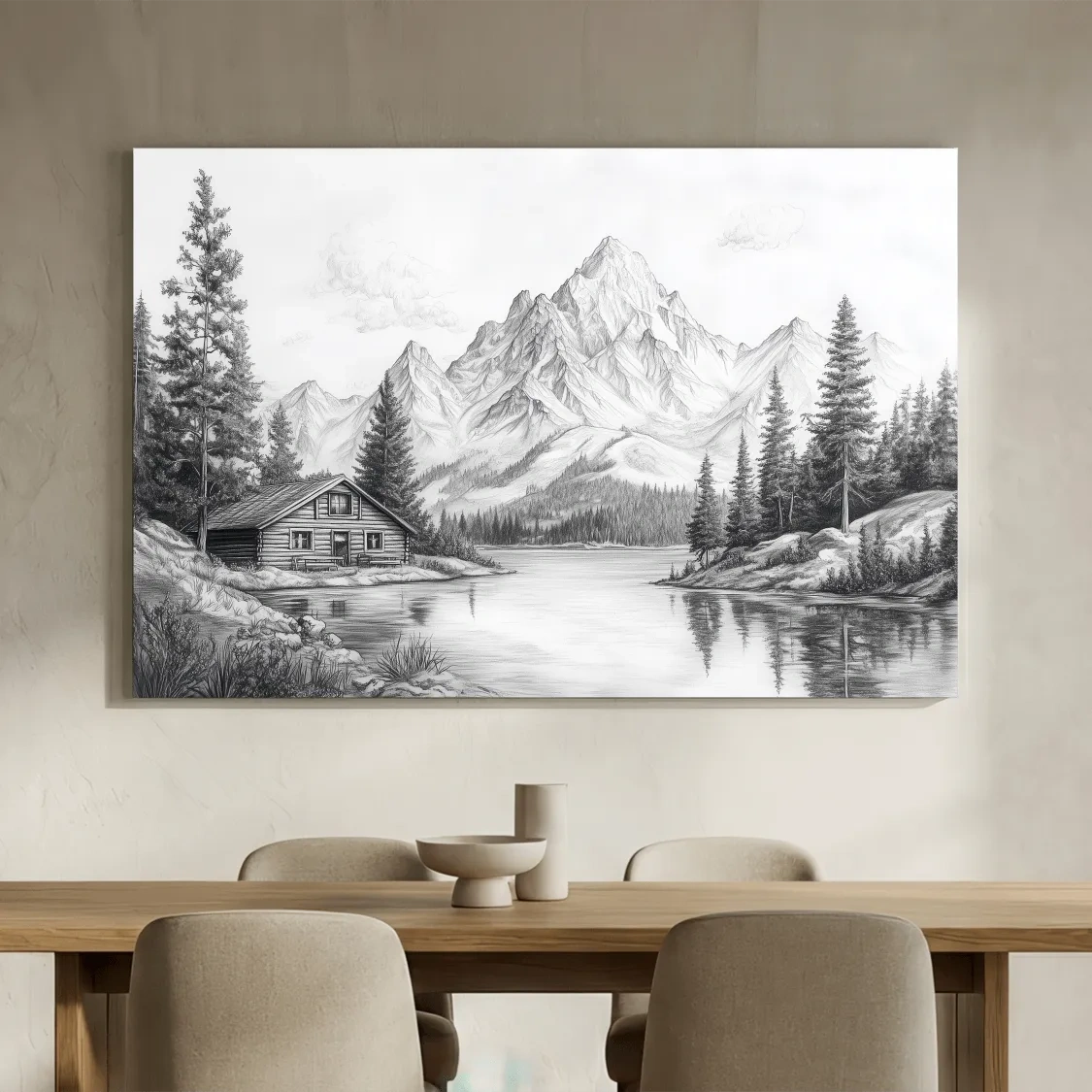 Vintage Pencil Sketch Alpine Lake Cabin - Black And White Mountain Landscape Wall Art