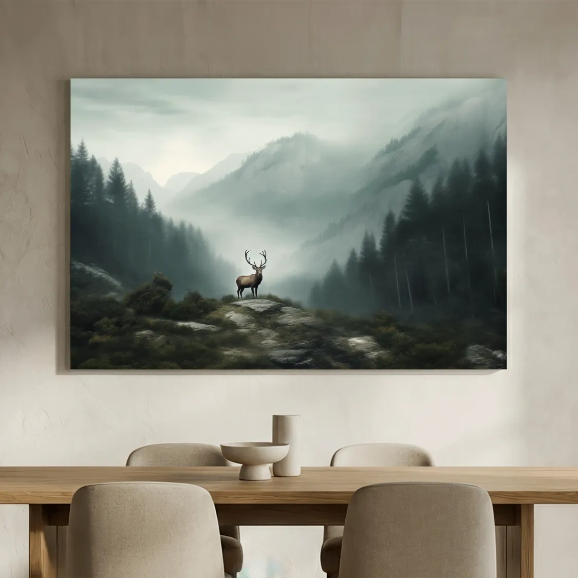 Moody Misty Mountain Deer Landscape - Atmospheric Forest Wildlife Wall Art