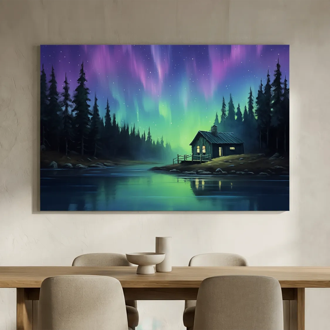 Northern Lights Over Lakeside Cabin Painting - Aurora Borealis Night Wall Art