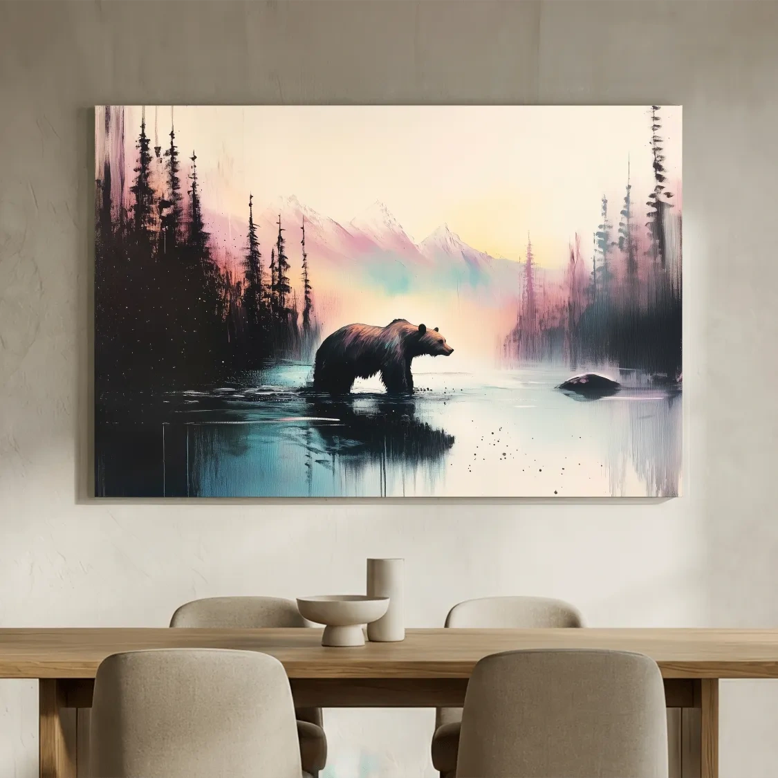 Moody Watercolor Grizzly Bear Lake Reflection - Misty Mountain Wilderness Wall Art
