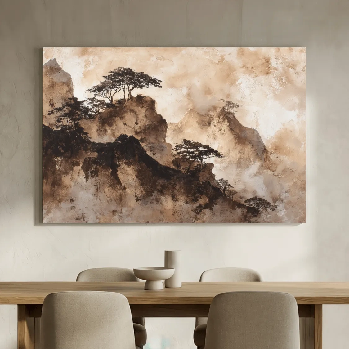 Sepia Japandi Mountain Ridge Painting - Atmospheric Ink Wash Art