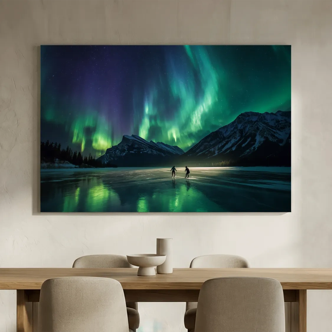 Ice Skaters Under Vibrant Northern Lights - Aurora Borealis Photographic Wall Art