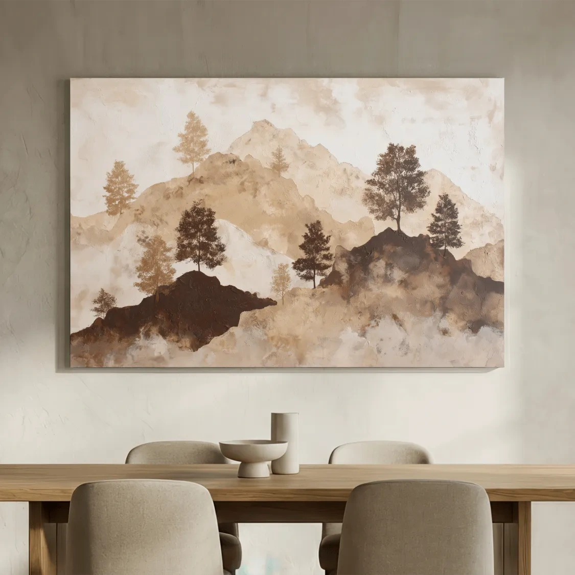 Wabi-Sabi Mountain Tree Silhouettes Painting - Minimalist Landscape Wall Art