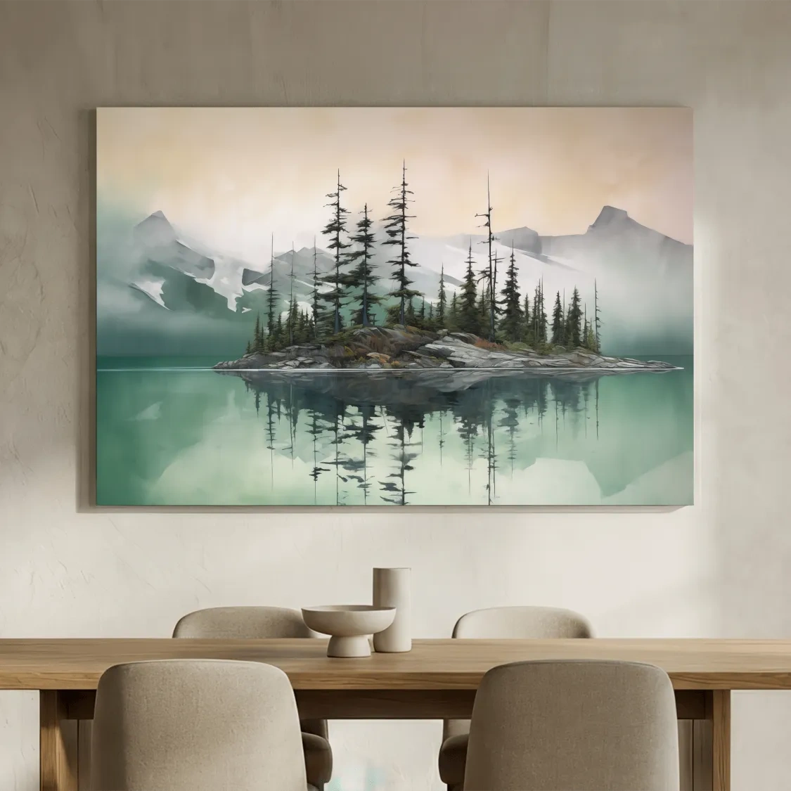 Misty Turquoise Alpine Lake Reflection - Serene Watercolor Mountain Landscape Wall Art