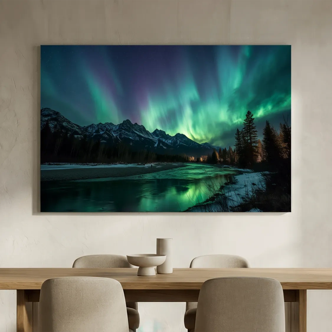 Vibrant Green Northern Lights Over Frozen Lake - Aurora Borealis Landscape Wall Art