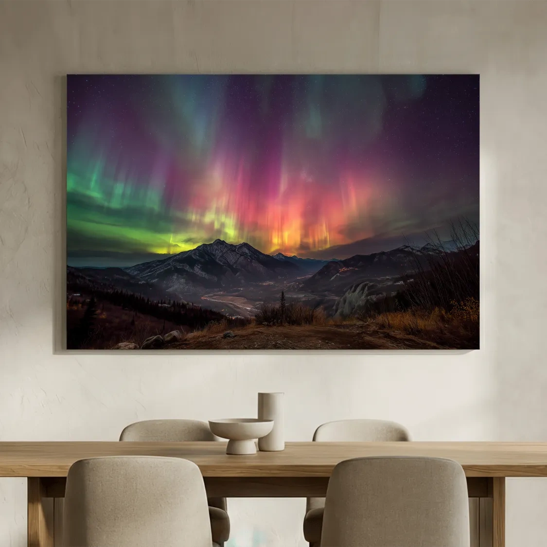Vibrant Aurora Borealis Over Mountain Range - Colorful Northern Lights Landscape Wall Art