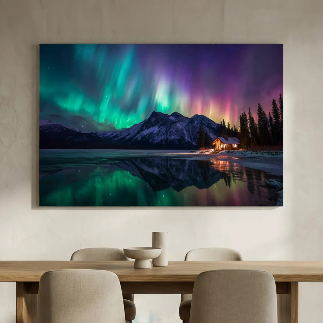 Vibrant Northern Lights Over Mountain Lake Cabin - Aurora Borealis Landscape Wall Art