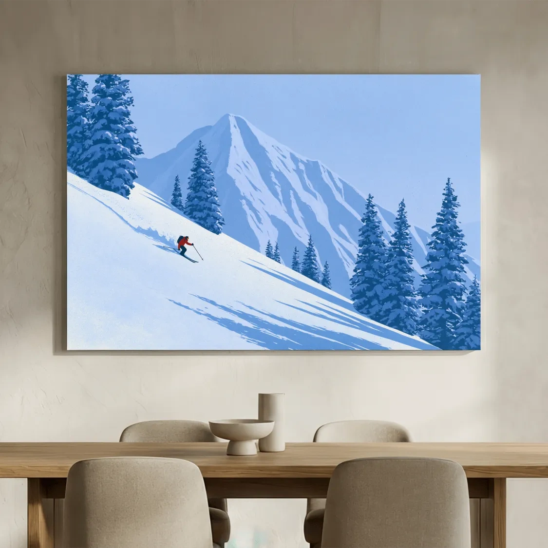 Minimalist Snowy Mountain Skier Landscape - Winter Alpine Illustration Wall Art