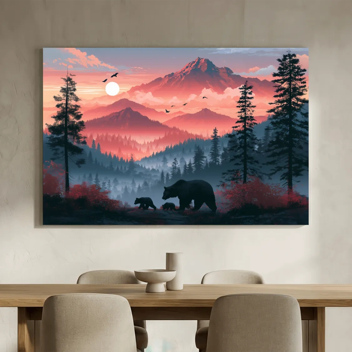Sunset Mama Bear & Cubs Silhouette - Forest Wildlife Wall Art