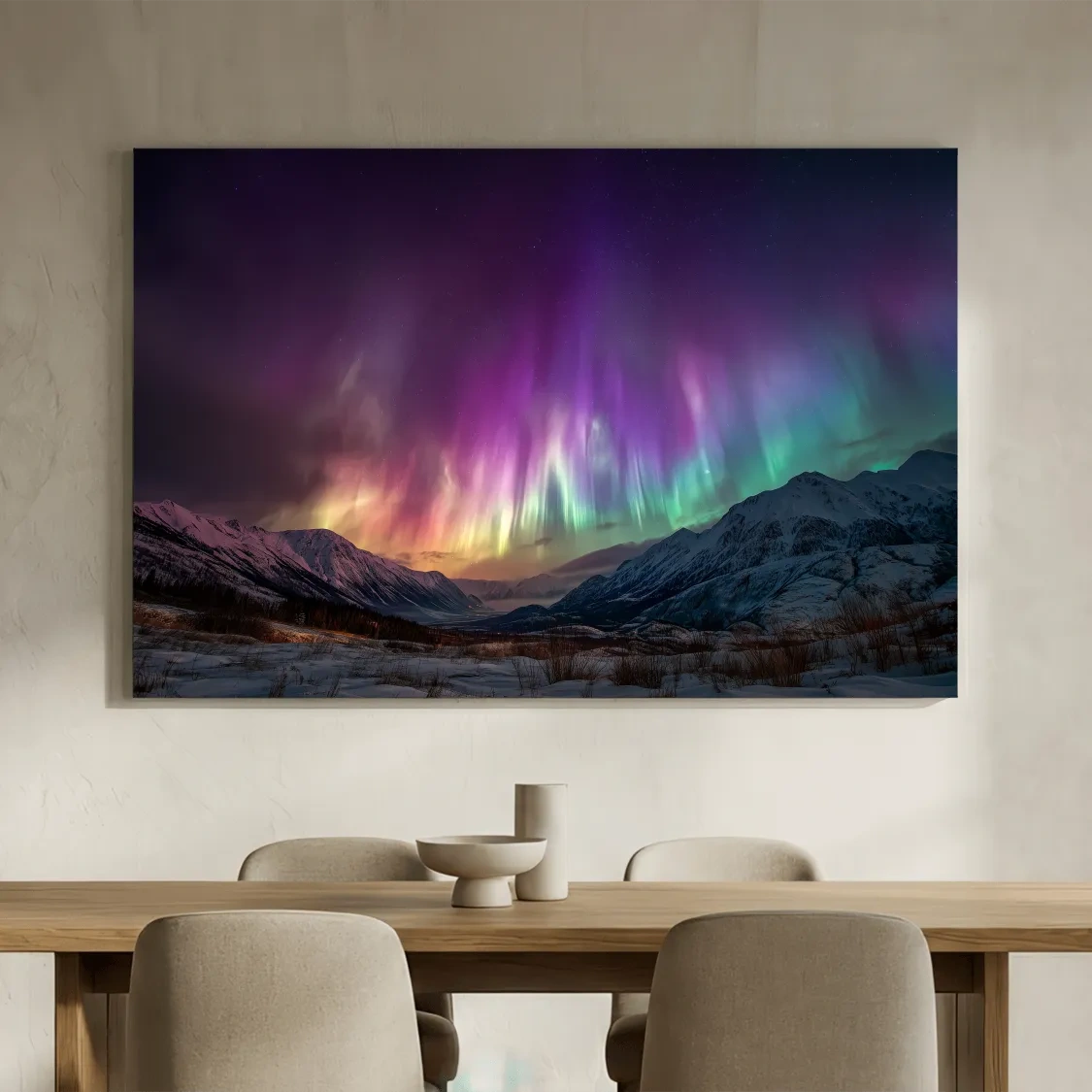 Vibrant Aurora Borealis Over Snowy Mountains - Northern Lights Night Sky Wall Art