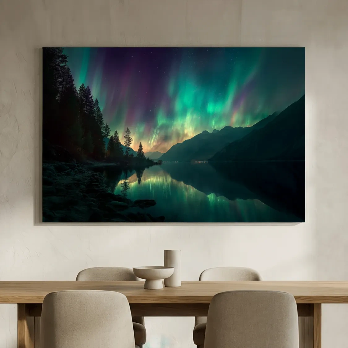 Vibrant Northern Lights Lake Reflection - Aurora Borealis Mountain Wall Art
