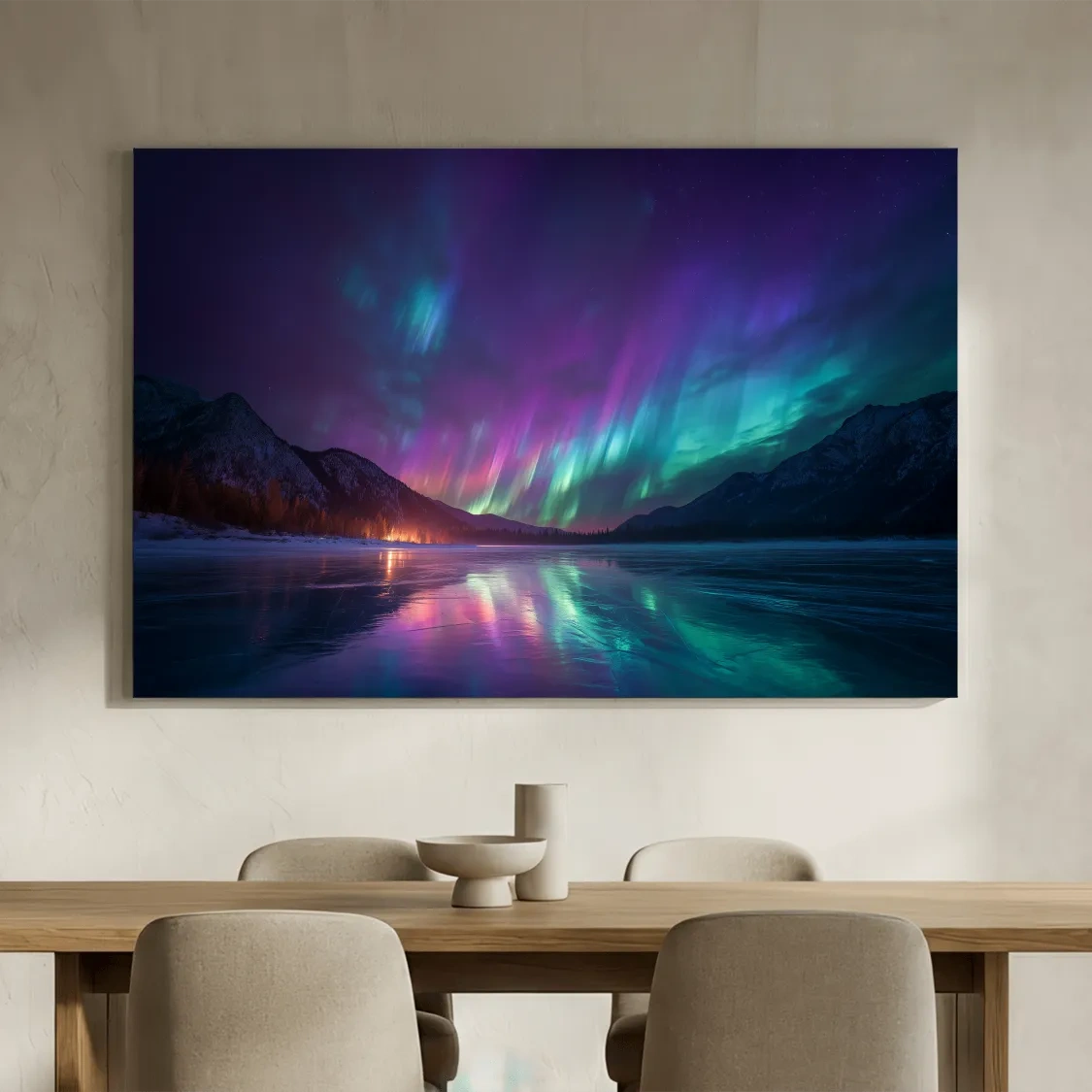 Vibrant Aurora Borealis Over Frozen Lake - Northern Lights Mountain Wall Art