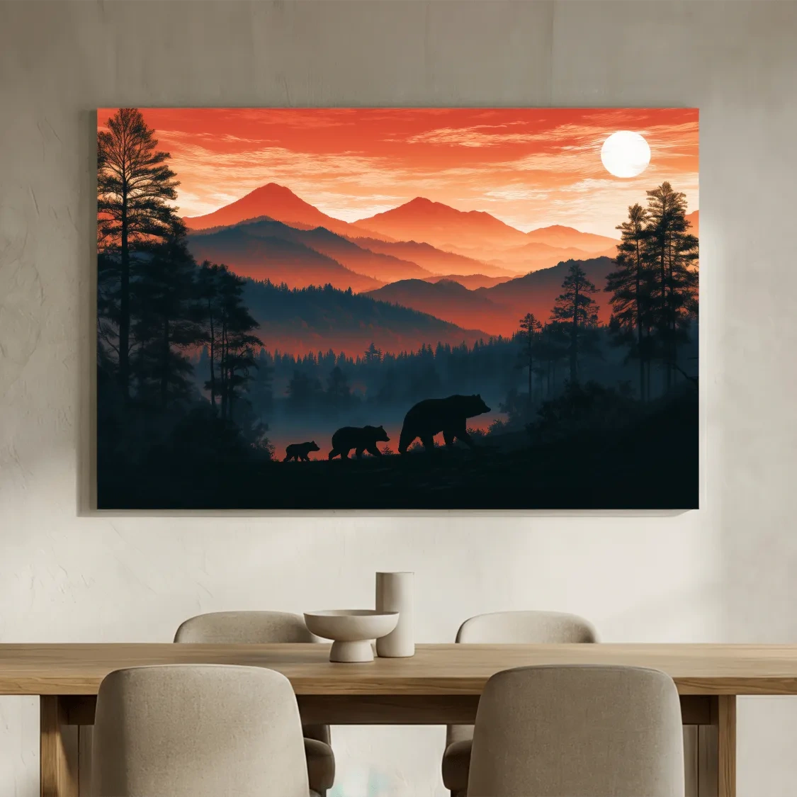 Mountain Sunset Bear Family Silhouettes - Wilderness Landscape Artwork