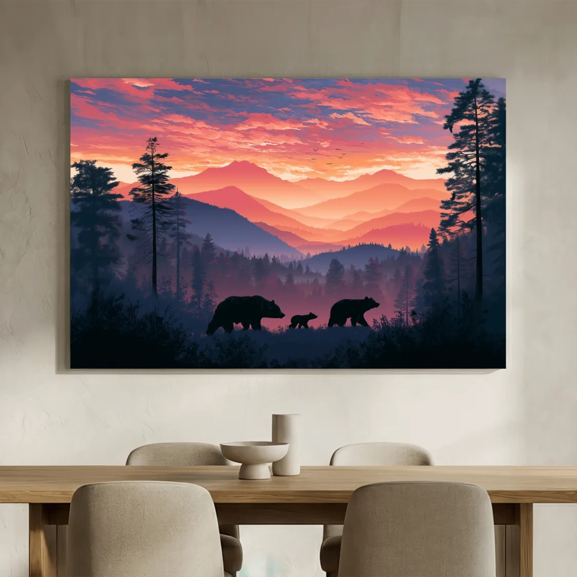 Moody Sunset Mountain Bear Family Silhouettes - Wildlife Wall Art