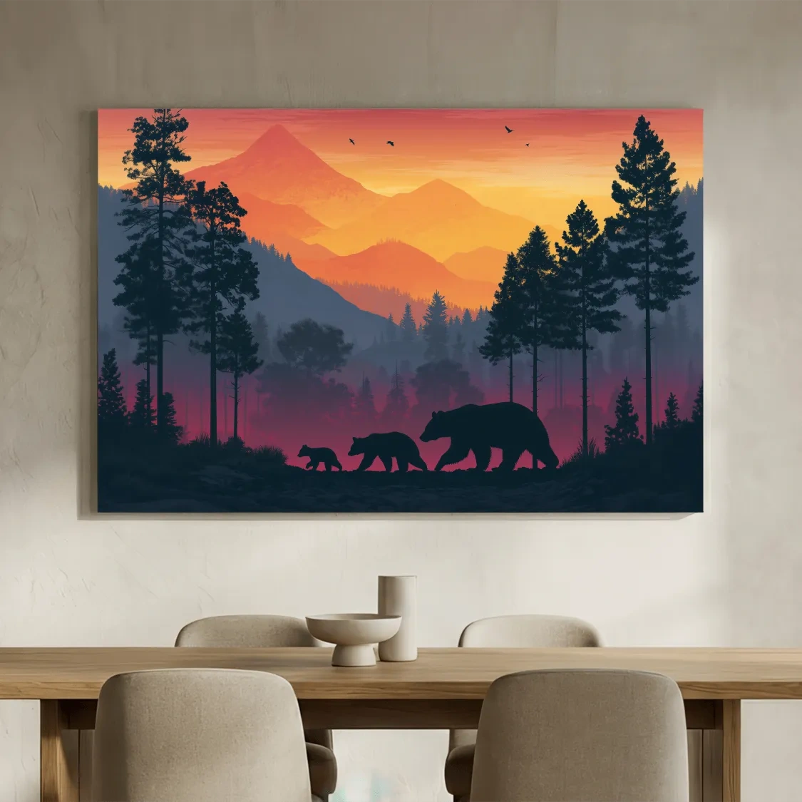 Sunset Momma Bear & Cubs Silhouette - Forest Wildlife Wall Art