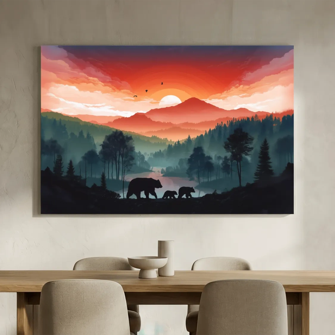 Sunset Bear Family Silhouette Landscape - Misty Mountain Forest Wall Art