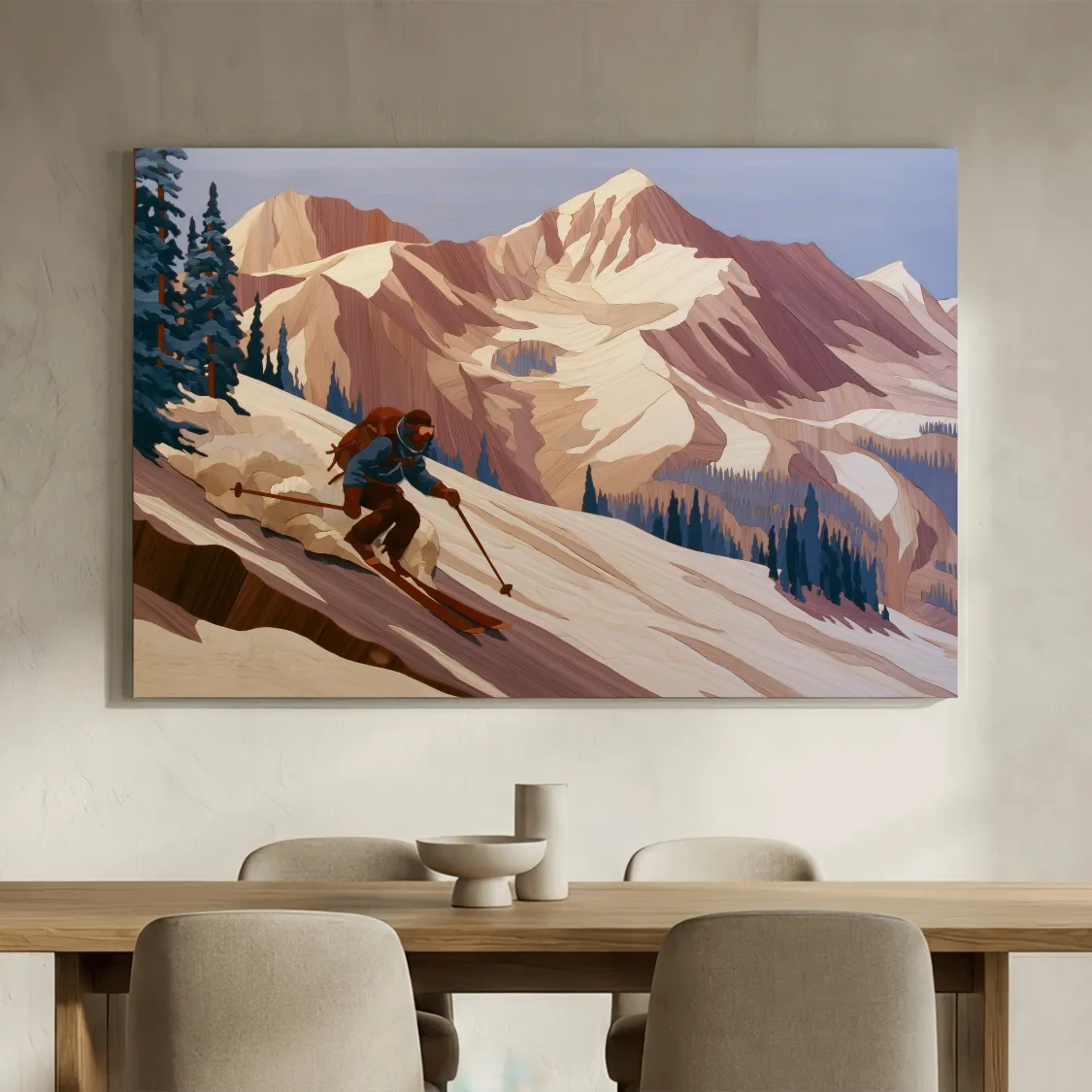 Backcountry Skier Descending Snowy Alpine Peaks - Modern Outdoor Adventure Wall Art