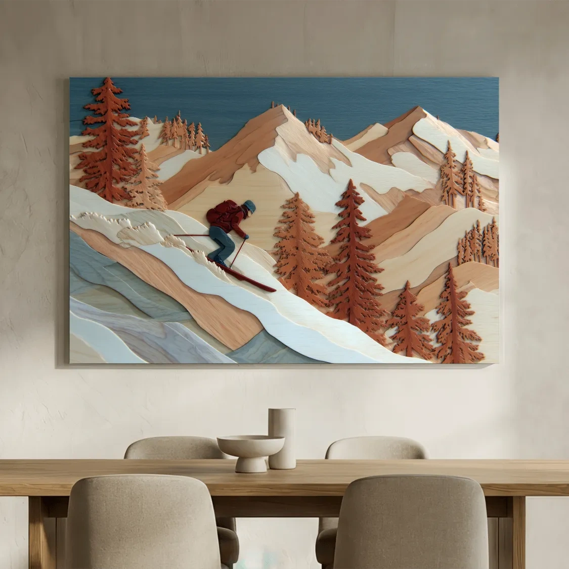 Wood Intarsia Style Skier Mountain Scene - Winter Alpine Wall Art