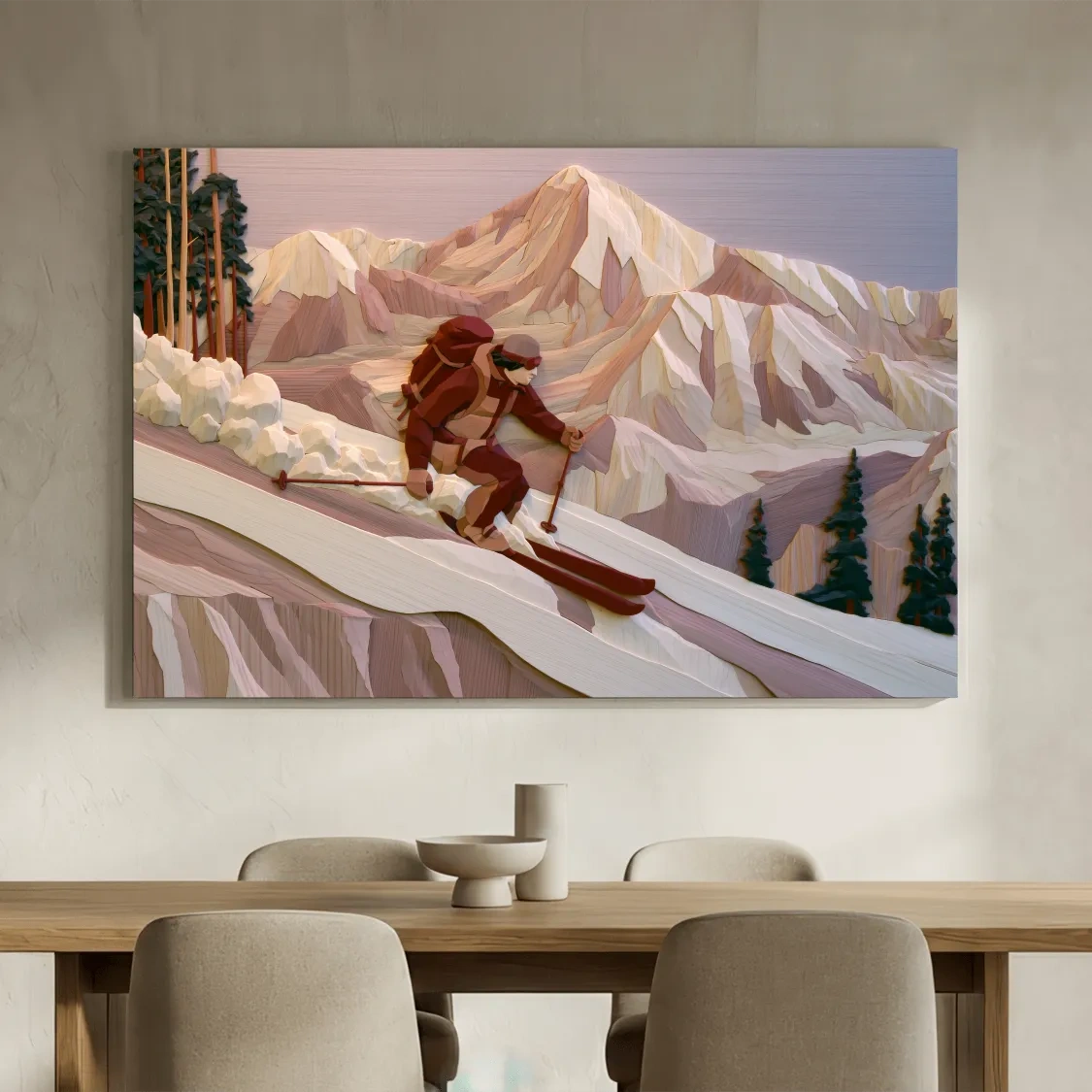Geometric Backcountry Skier In Alpine Peaks - Winter Mountain Adventure Wall Art