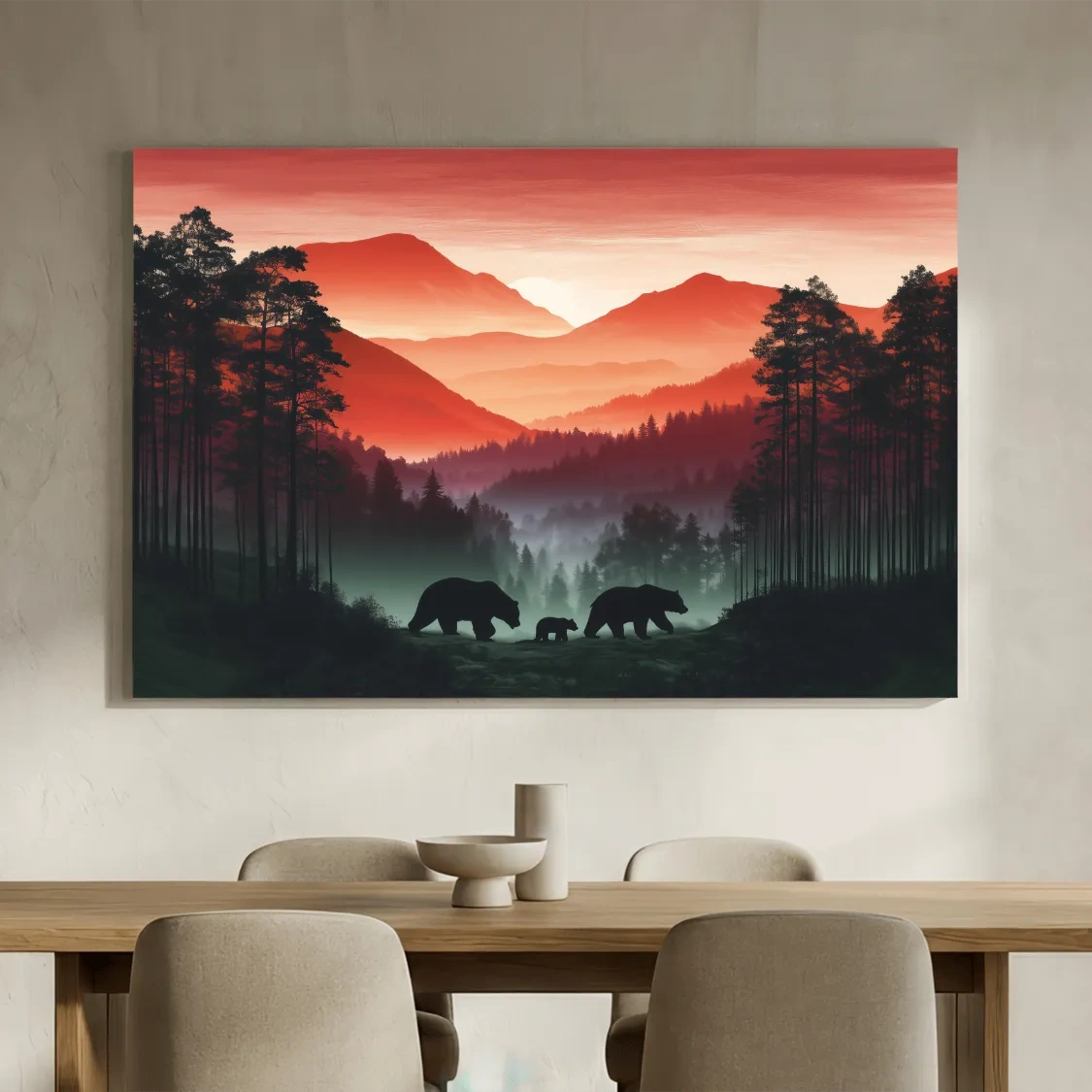 Moody Sunset Mountain Bear Family Silhouettes - Misty Forest Wildlife Wall Art