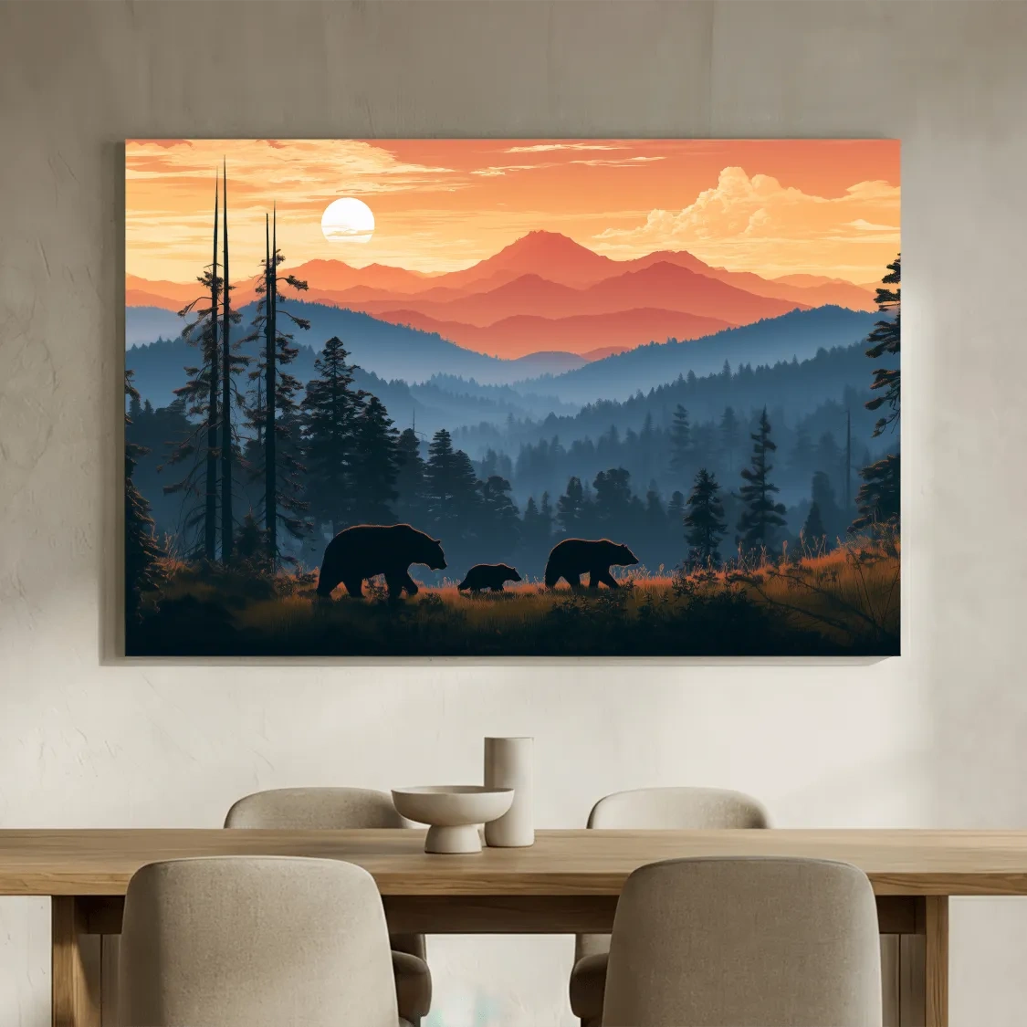 Bear Family Silhouettes - Mountain Sunset Wildlife Wall Art