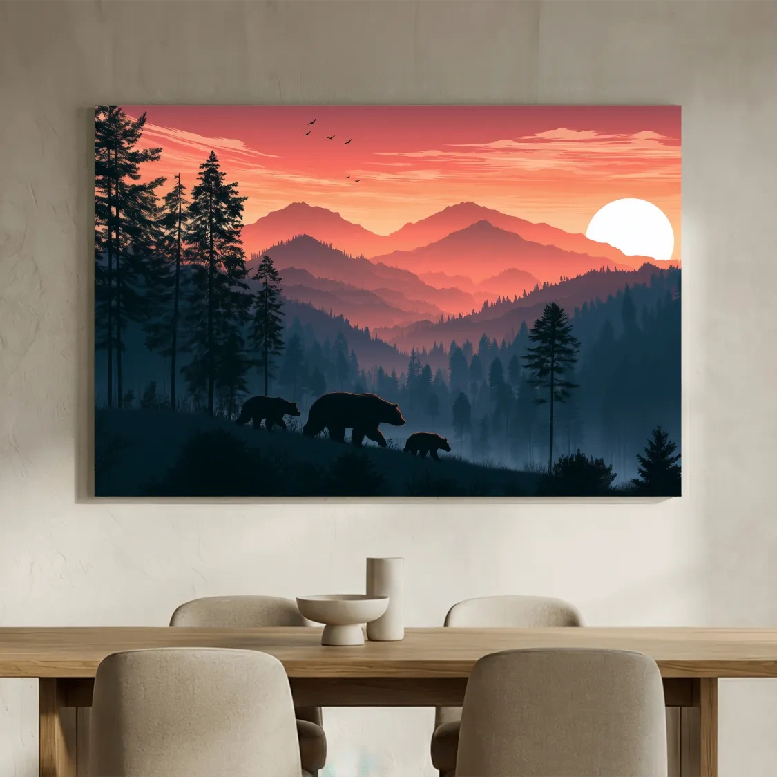 Bear Family Silhouette Mountain Sunset - Wildlife Landscape Wall Art