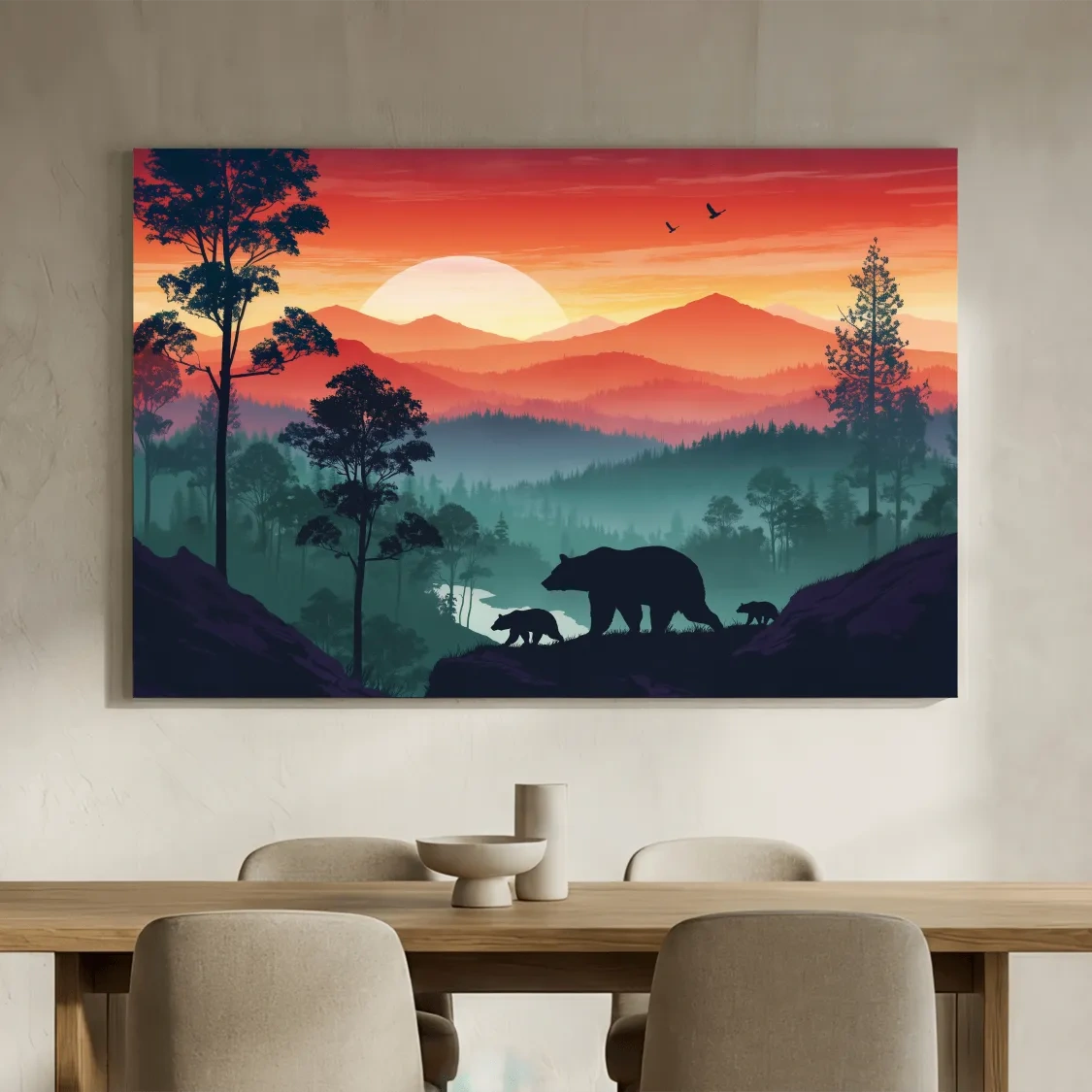 Sunset Mama Bear & Cubs Silhouette - Misty Forest Landscape Artwork