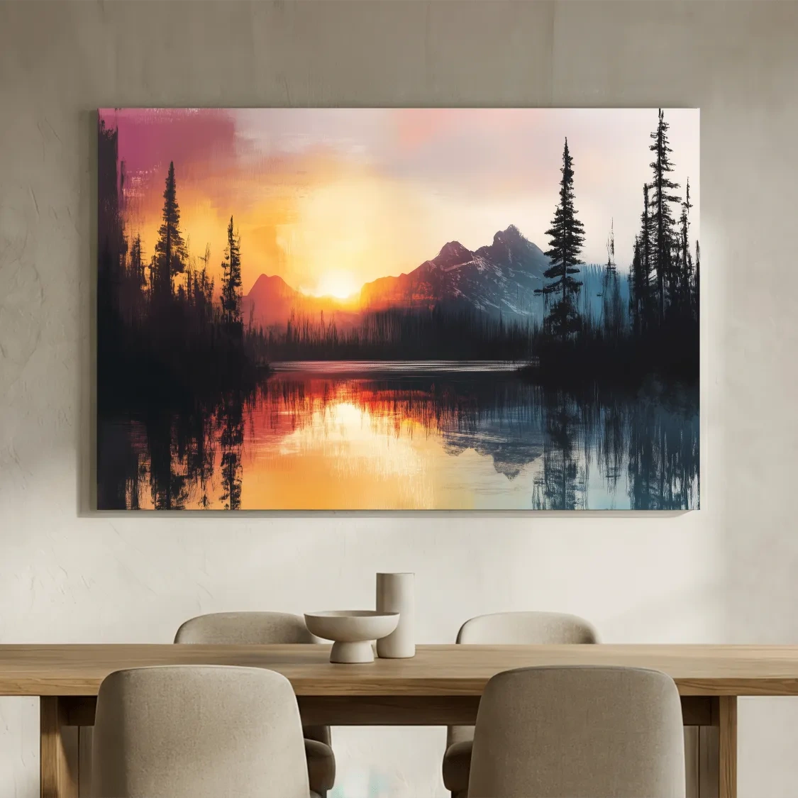 Sunset Mountain Lake Reflection Painting - Dramatic Pine Forest Landscape Wall Art