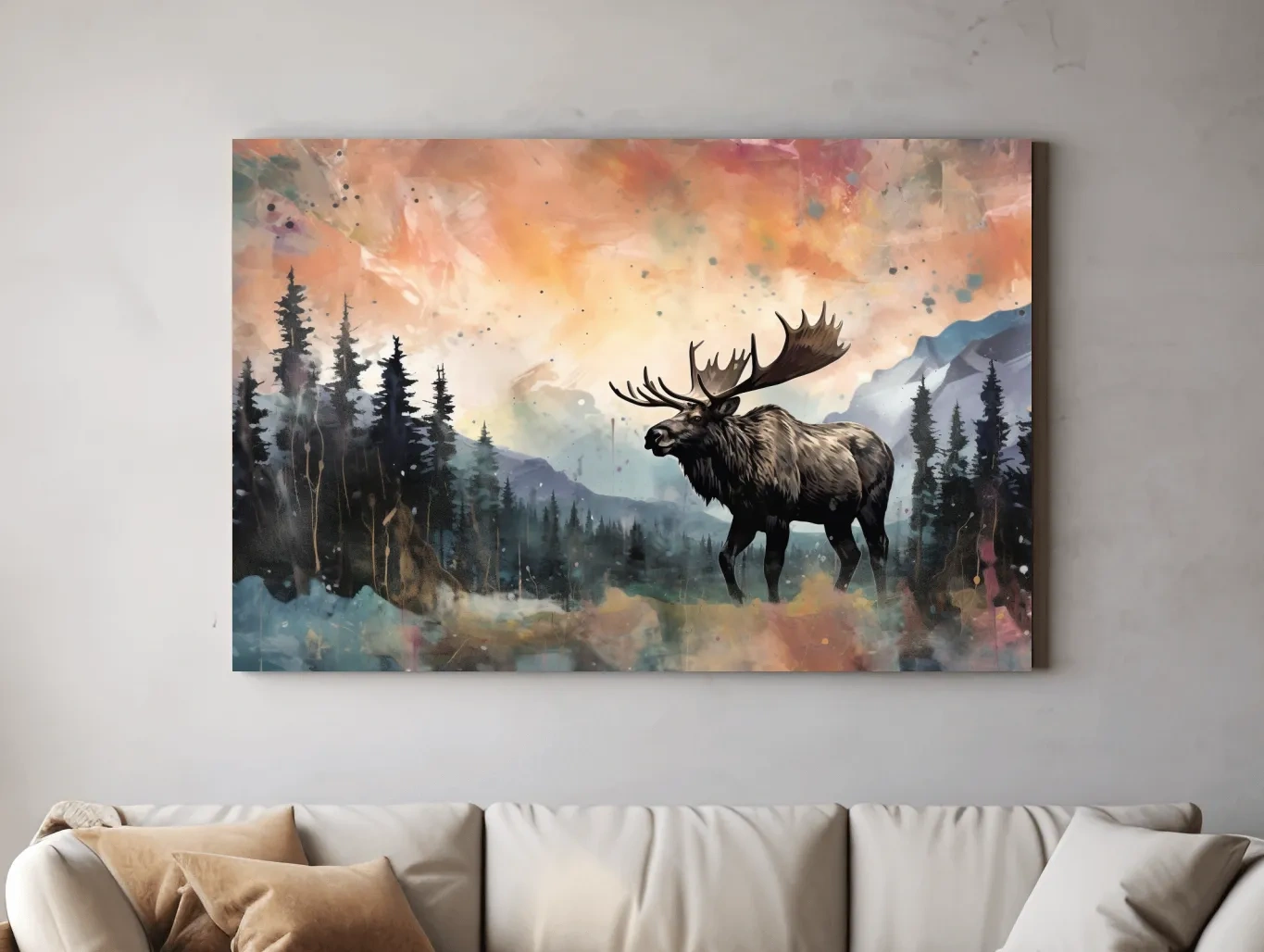 Watercolor Moose In Misty Mountain Forest - Rustic Wildlife Wall Art