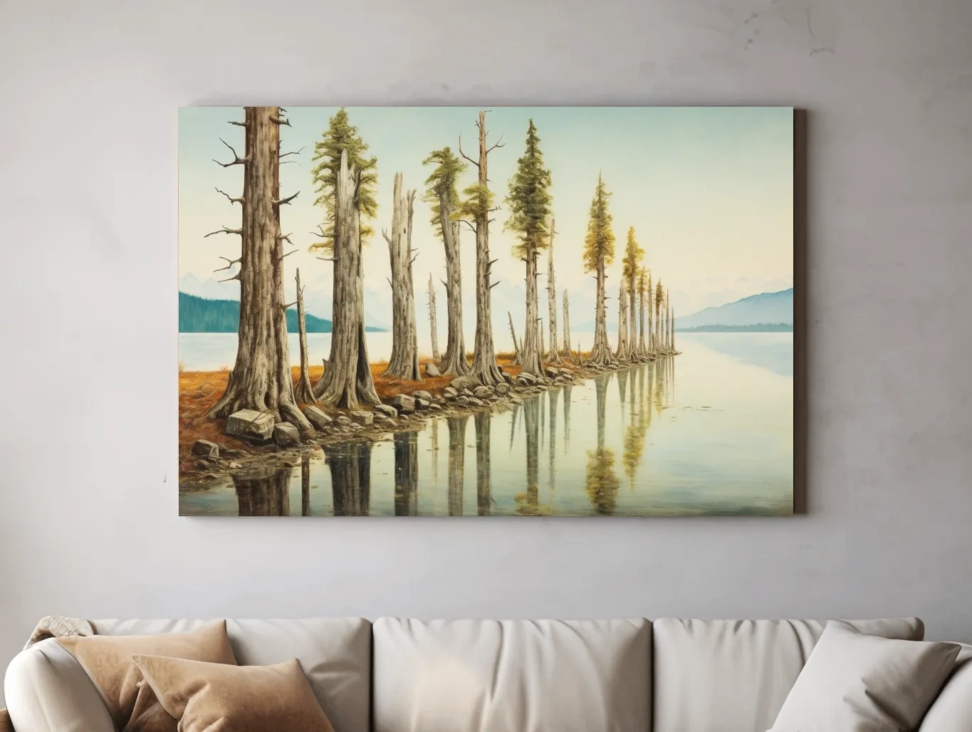 Serene Lakeside Pine Forest Reflections - Watercolor Landscape Wall Art