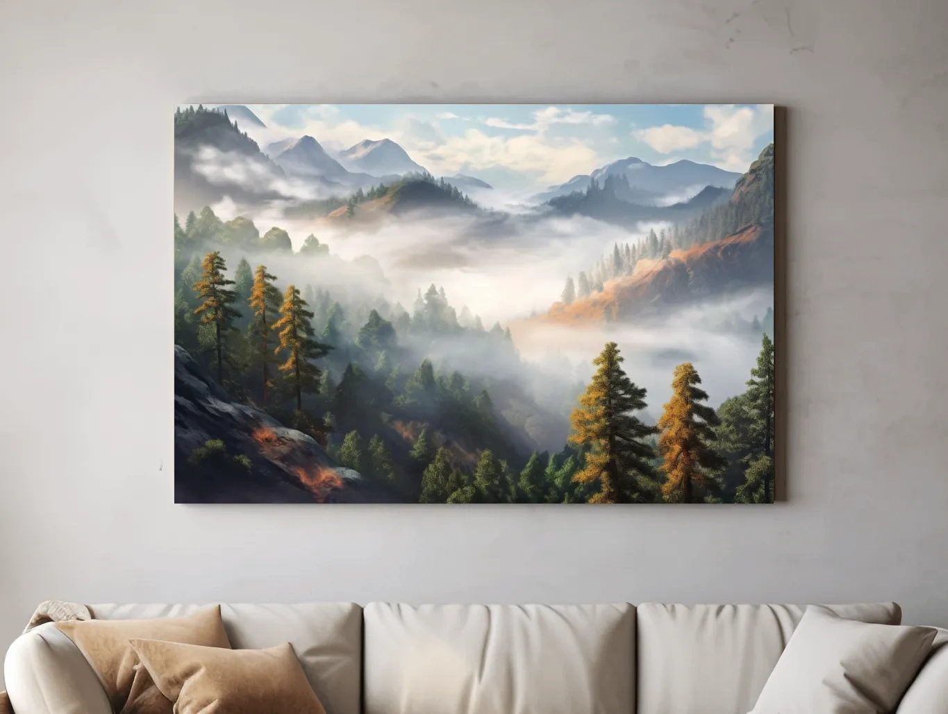 Misty Mountain Valley Forest Landscape - Serene Foggy Nature Painting Wall Art