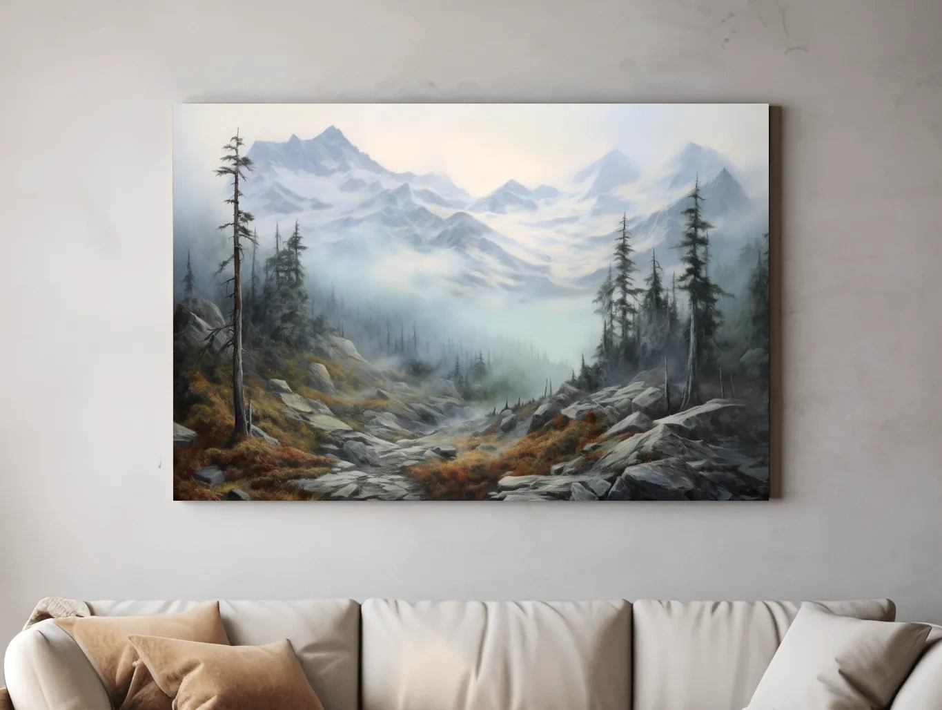 Misty Alpine Valley Painting - Moody Foggy Mountain Landscape Wall Art