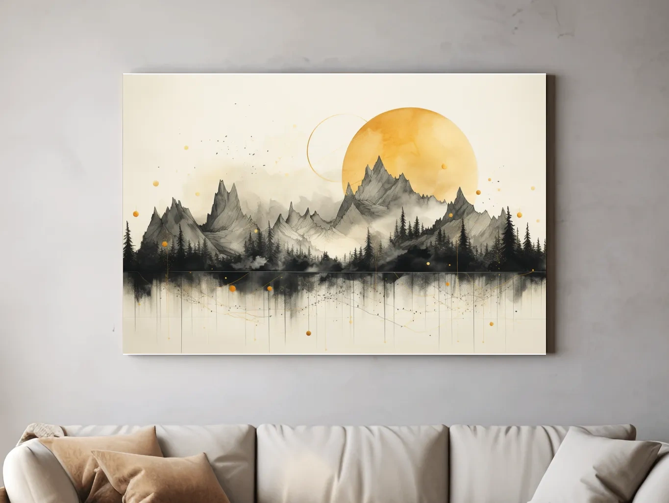 Golden Sun Abstract Mountain Range - Minimalist Watercolor Landscape Wall Art