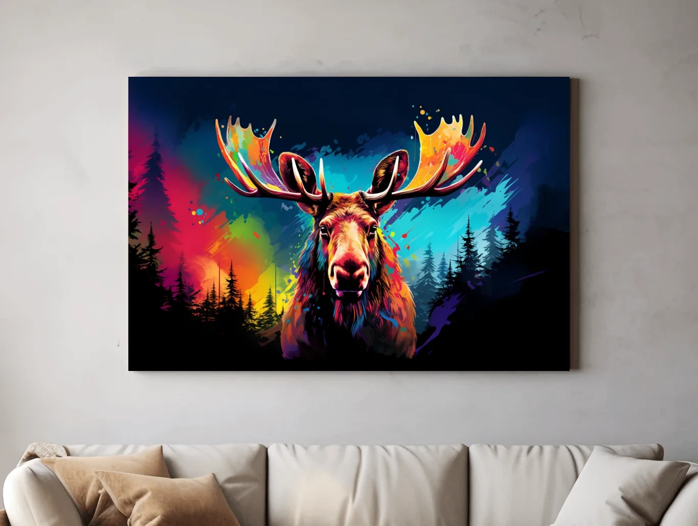 Vibrant Abstract Retro Moose Portrait - Colorful Splash Paint Wildlife Wall Art