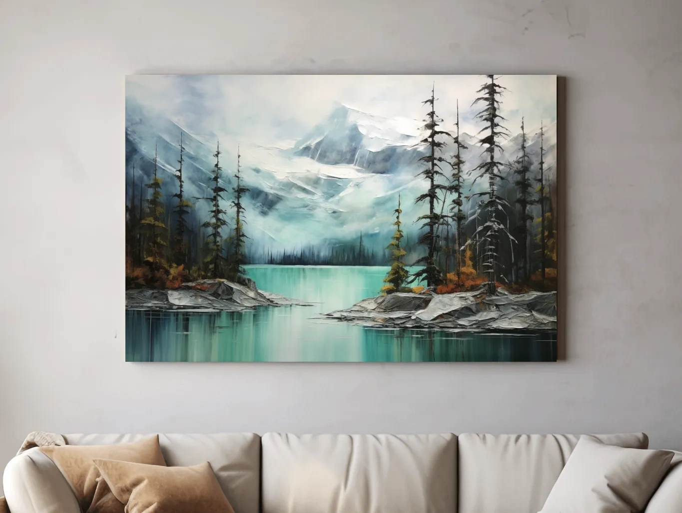 Misty Turquoise Mountain Lake Painting - Serene Alpine Forest Landscape Wall Art