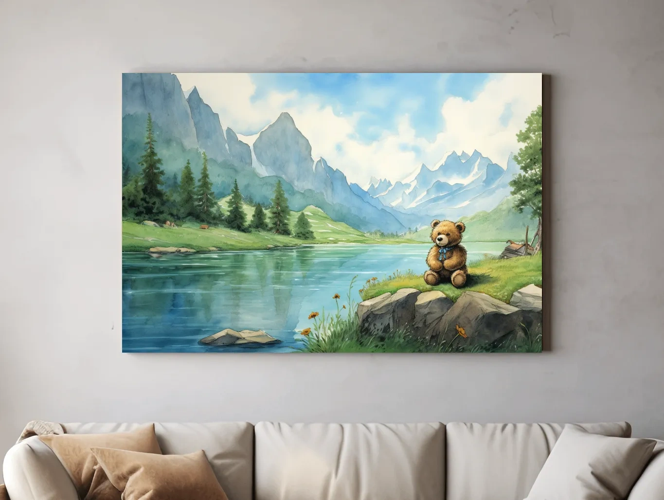 Whimsical Teddy Bear By Mountain Lake - Cute Watercolor Nursery Wall Art