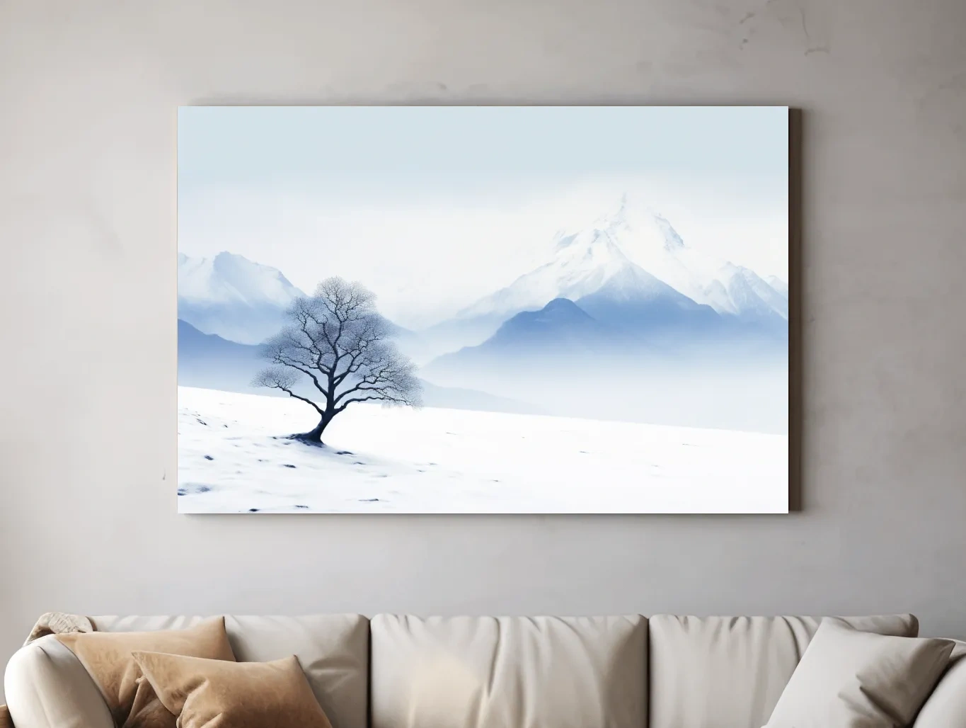 Minimalist Snowy Mountain Landscape With Lone Tree - Serene Winter Painting Wall Art