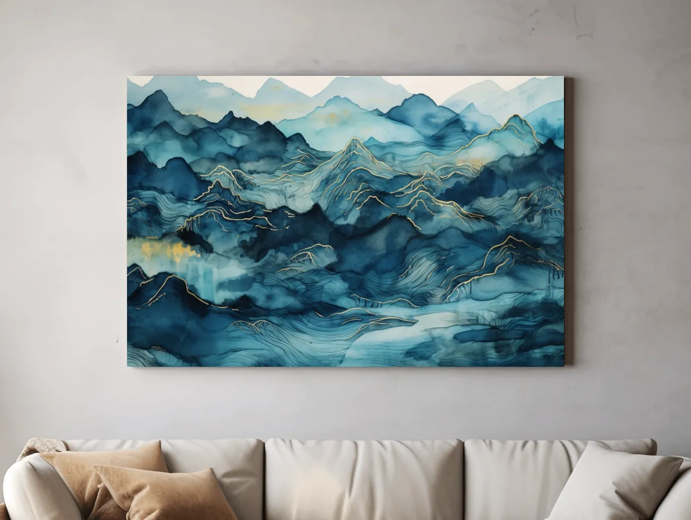 Watercolor Mountain Range With Gold Linework - Abstract Landscape Wall Art