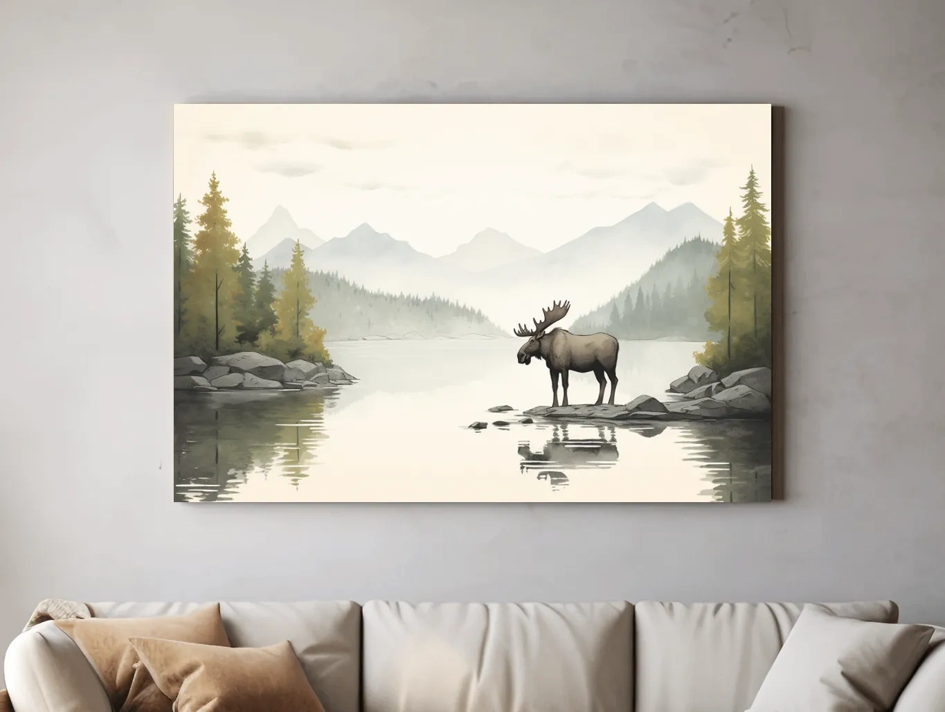 Watercolor Moose By Misty Lake - Mountain Wilderness Nursery Wall Art