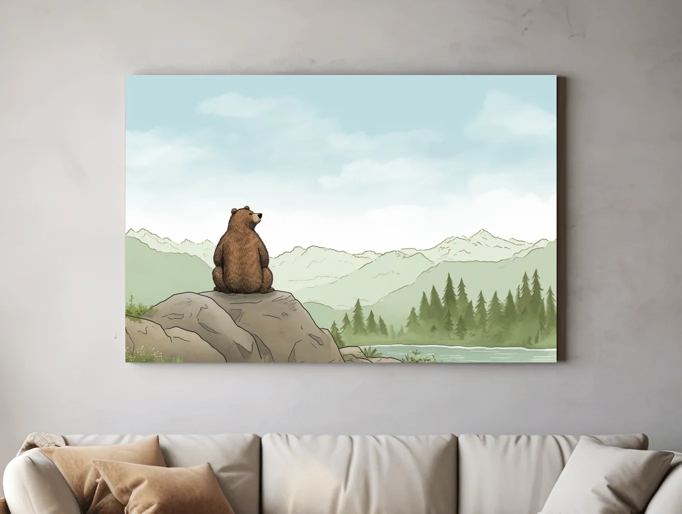 Whimsical Bear Overlooking Mountains - Cute Illustrated Nursery Wall Art