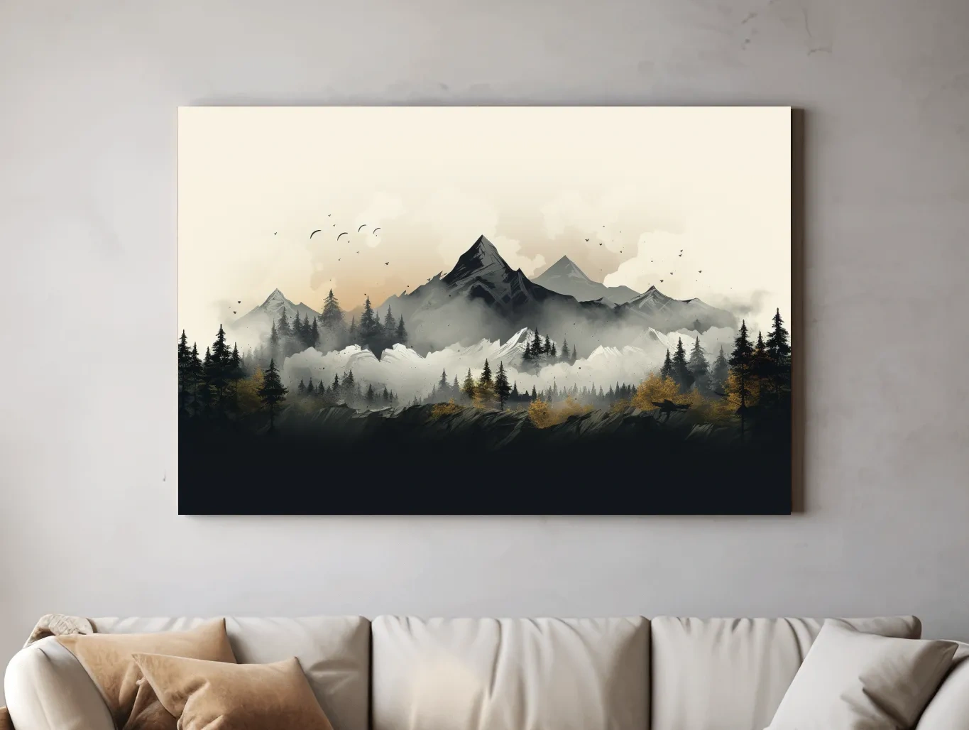 Misty Mountain Range With Pine Forest Illustration - Moody Landscape Wall Art