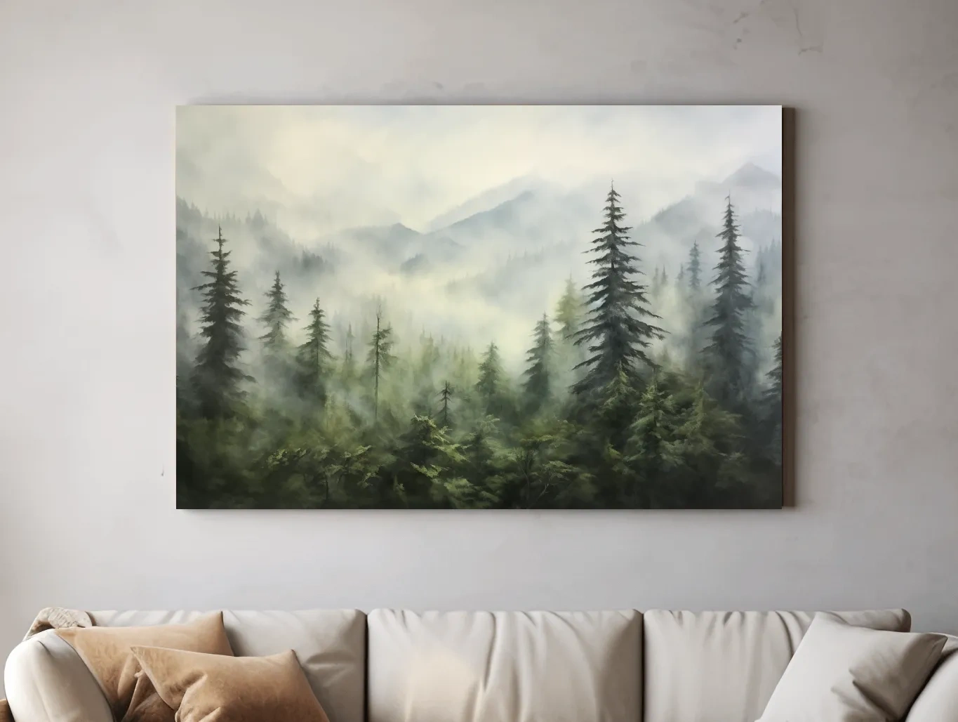 Misty Evergreen Forest Mountains Watercolor - Serene Foggy Landscape Artwork