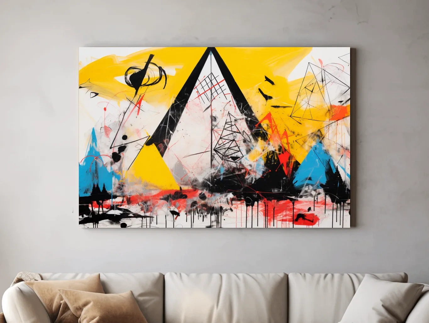 Abstract energetic graffiti style geometric mountain painting
