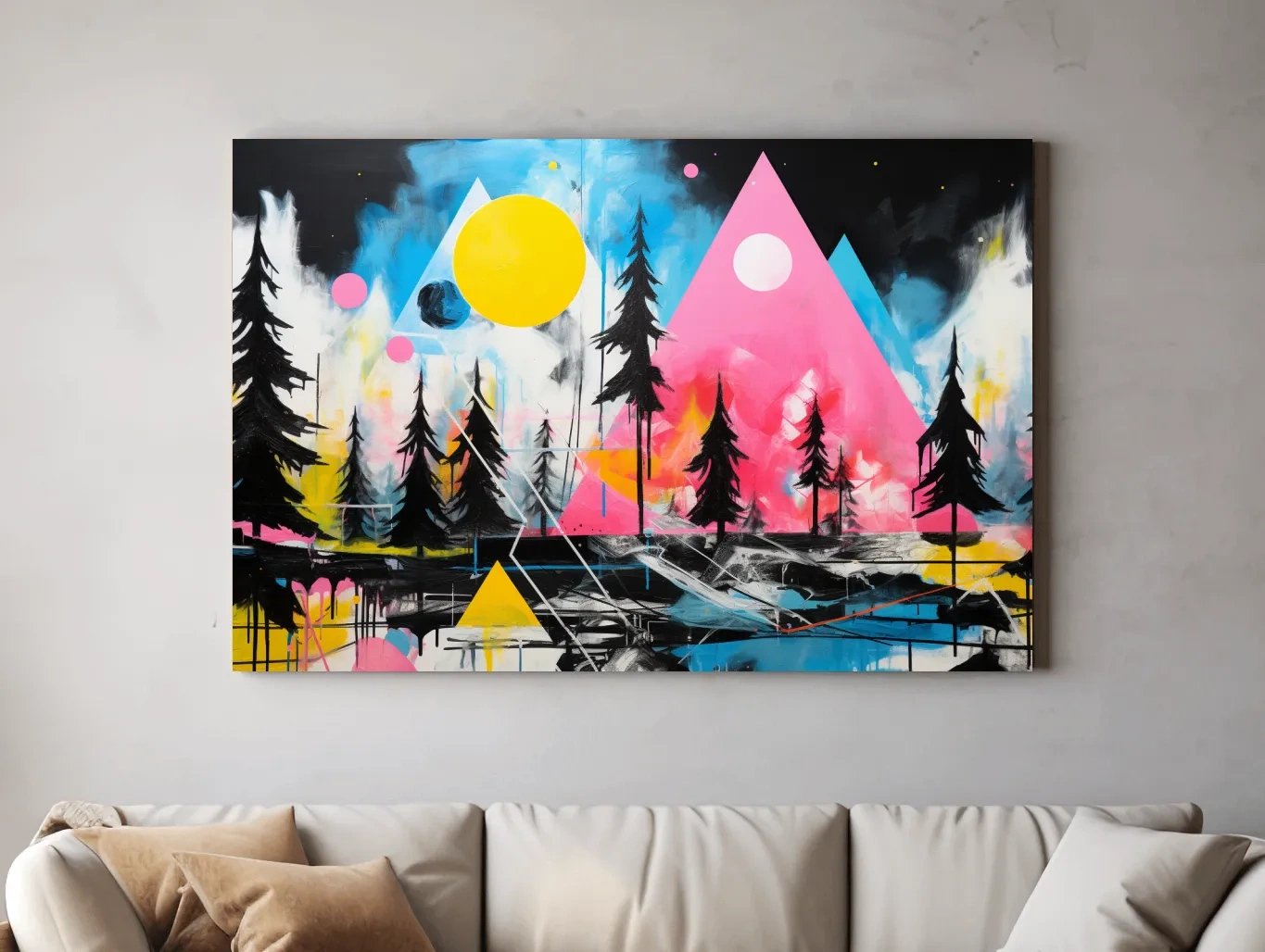 Neon Geometric Mountain Forest Painting - Vibrant Abstract Wall Art