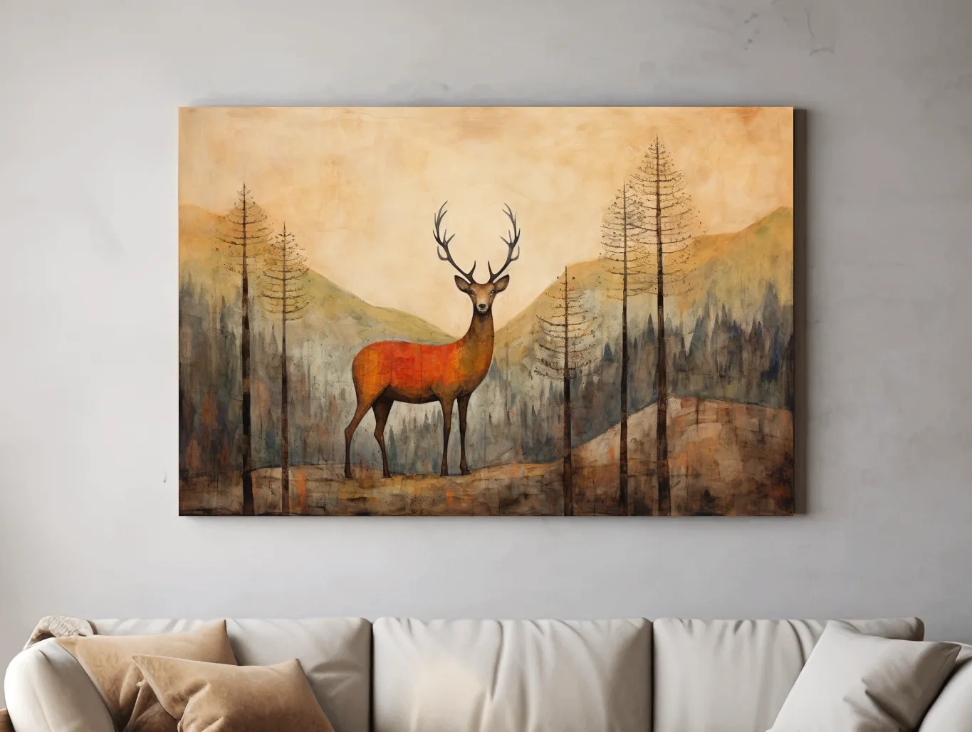 Rustic Woodland Stag Watercolor Painting - Autumn Mountain Forest Wildlife Wall Art