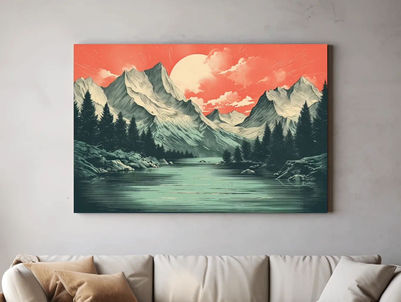 Retro Alpine Mountain Lake Sunset - Vintage Risograph Landscape Wall Art